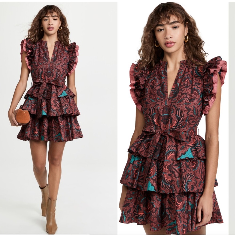 Ulla Johnson  Dress Honoria Short Sleeve Ruffle Red Print Mini Dress